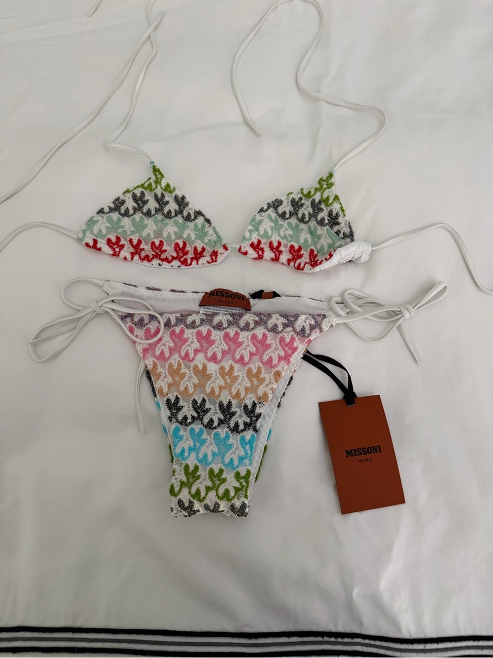 Missoni White Multicolor Crochet Tie-Side Bikini